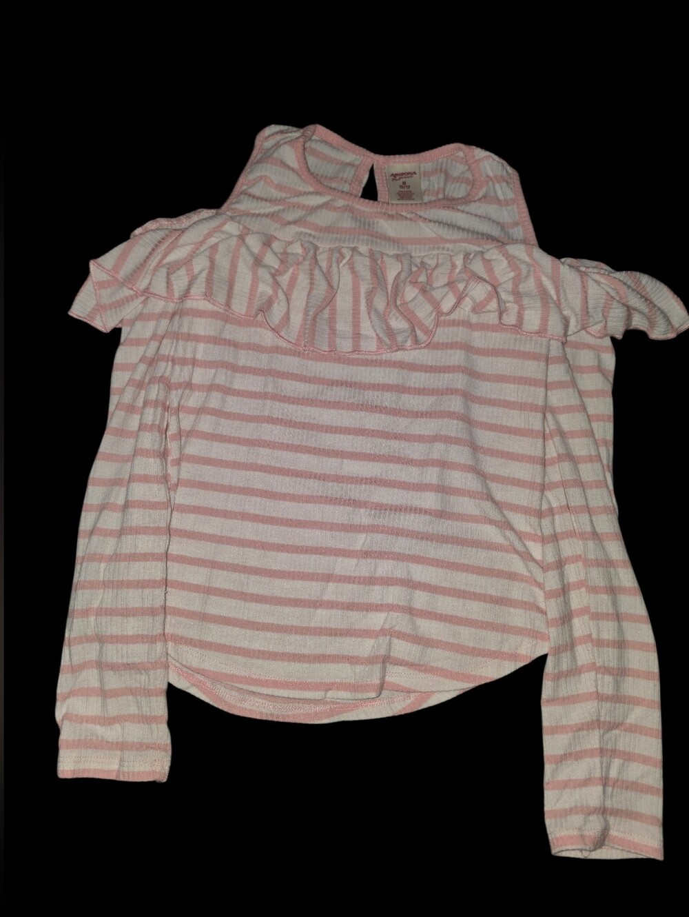 9/8/48. Girls Arizona Jean Company Pink & White Striped Ruffle Cold-Shoulder Top
